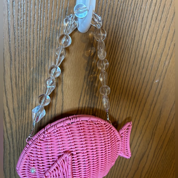 Tommy Bahama Pink Woven Wicker Pink Fish 🐠🩷 Crossbody Purse Clear Bead Bag NWT - Picture 3 of 8
